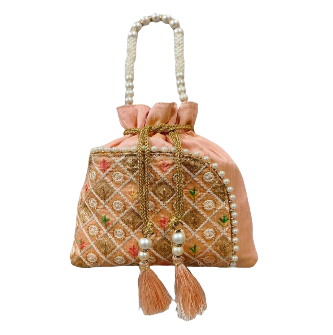 Dual Grace Raw Silk Potli Bag with Pearl Handle