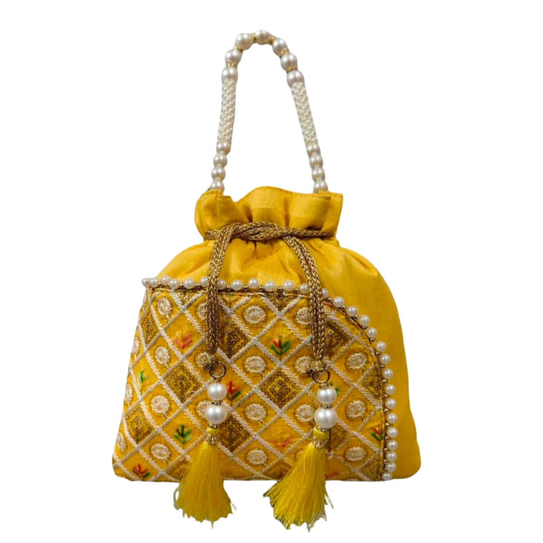 Handcrafted Silk Potli Bag with Pearls and Thread Tassels