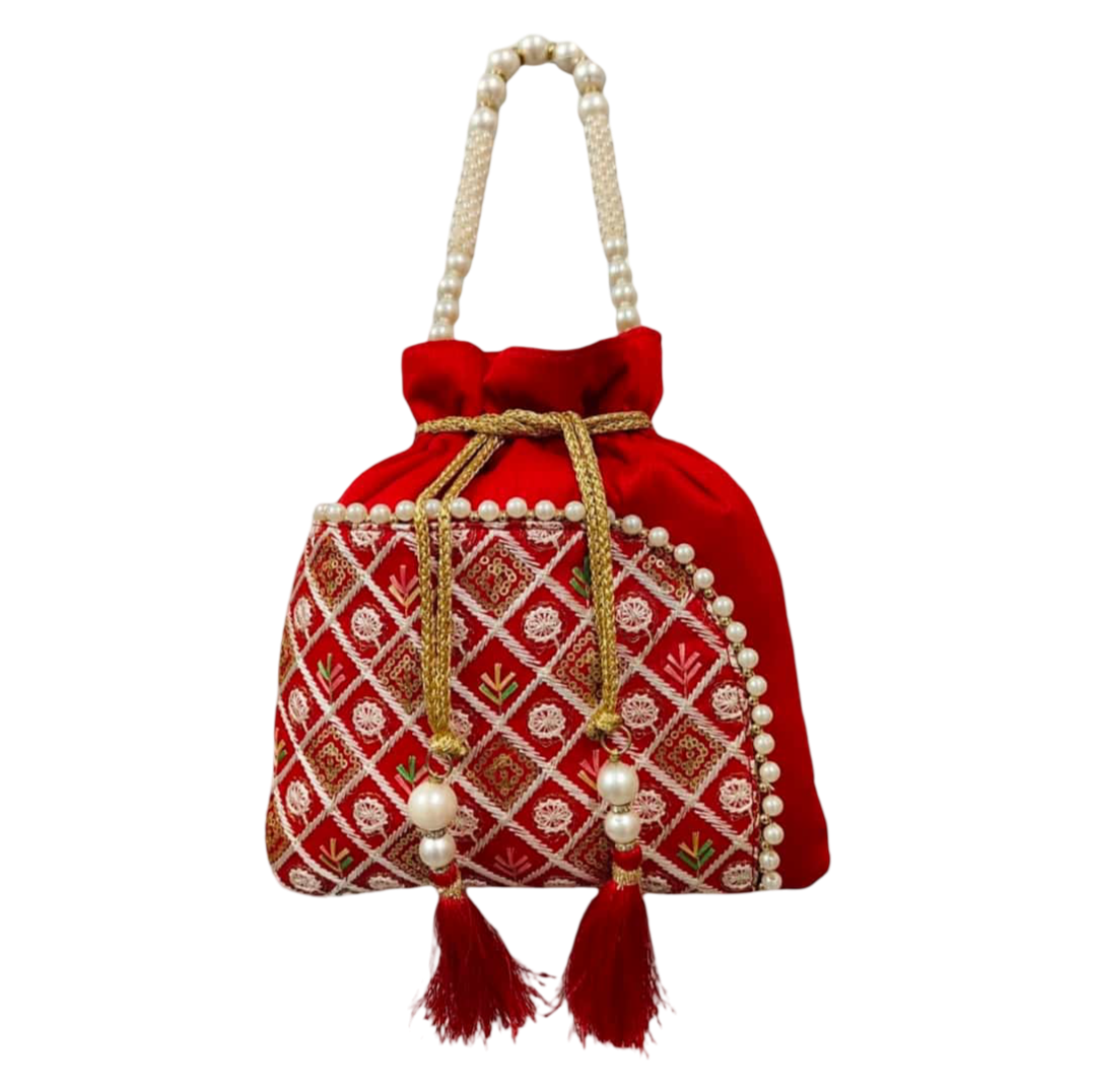 Traditional Embroidered Raw Silk Potli Bag