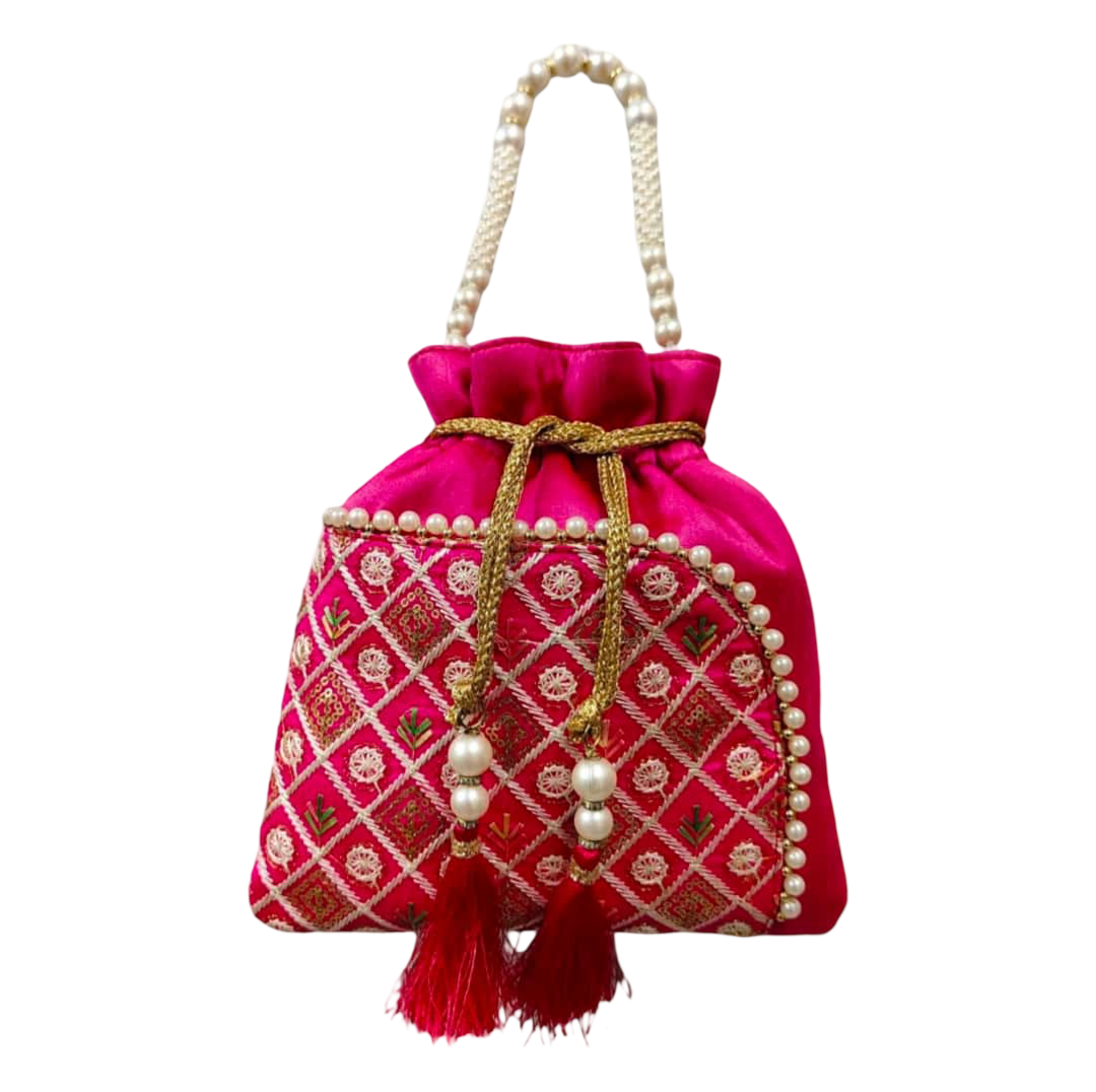 Embroidered Silk Potli Bag with Pearls and Tassels
