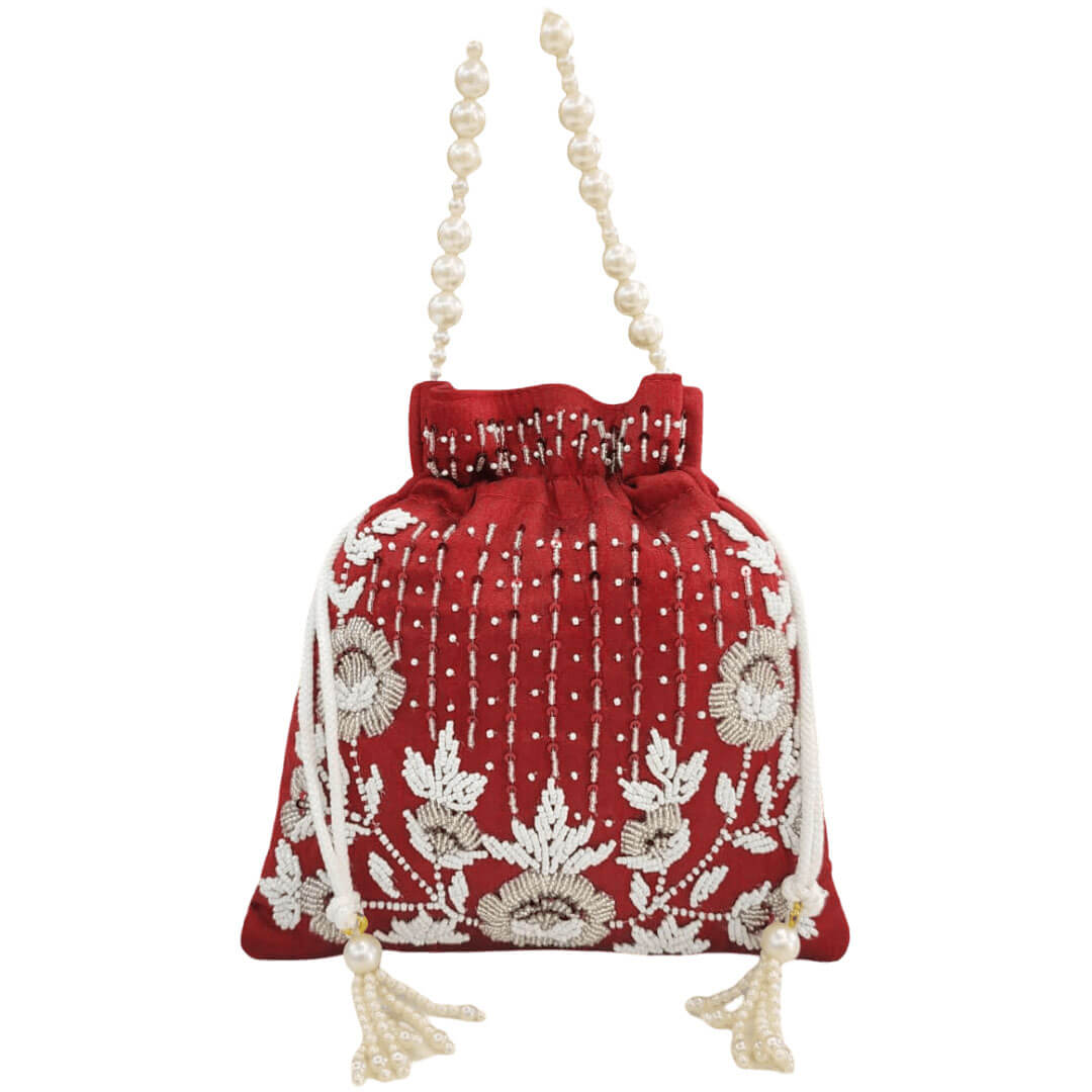 Raw Silk Khatwork Bridal Potli Bag with Pearls